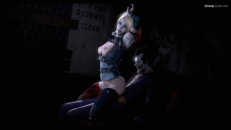 1boy 1girl 3d animated armbands batman:_arkham_knight batman_(series) black_hair blonde_hair breasts corset dc dc_comics female green_hair harley_quinn joker large_breasts long_hair makeup male multicolored_hair nipples red_hair sex sfmsnip short_hair sou