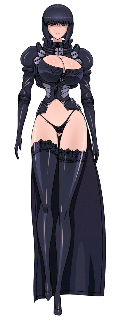 1girl akiranime animated animated_gif bangs black_eyes black_hair black_legwear black_panties bob_cut bolt bouncing_breasts breasts cleavage cleavage_cutout cross female gloves gluteal_fold high_heels hips lace lace-trimmed_thighhighs large_breasts legs l