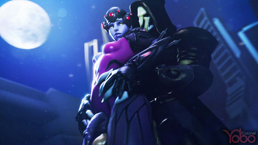 3d animated blue_hair blue_skin bodysuit colonelyobo dickgirl flaccid from_behind futanari intersex male male_on_futa overwatch penis reaper source_filmmaker standing testicles thigh_sex widowmaker