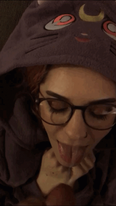 Sex Gif - Little anime slut in sailor moon hoodie gets a big cumshot on her glasses