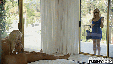Sex Gif - Cherie DeVille watching Samantha Rone blowjob in front of open windows