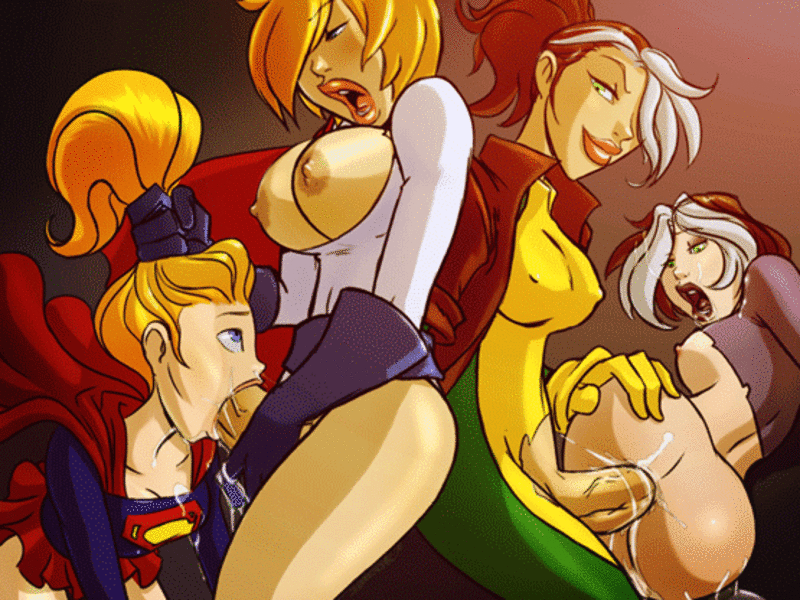 Powergirl facefucking Supergirl and Rogue fucking an ass